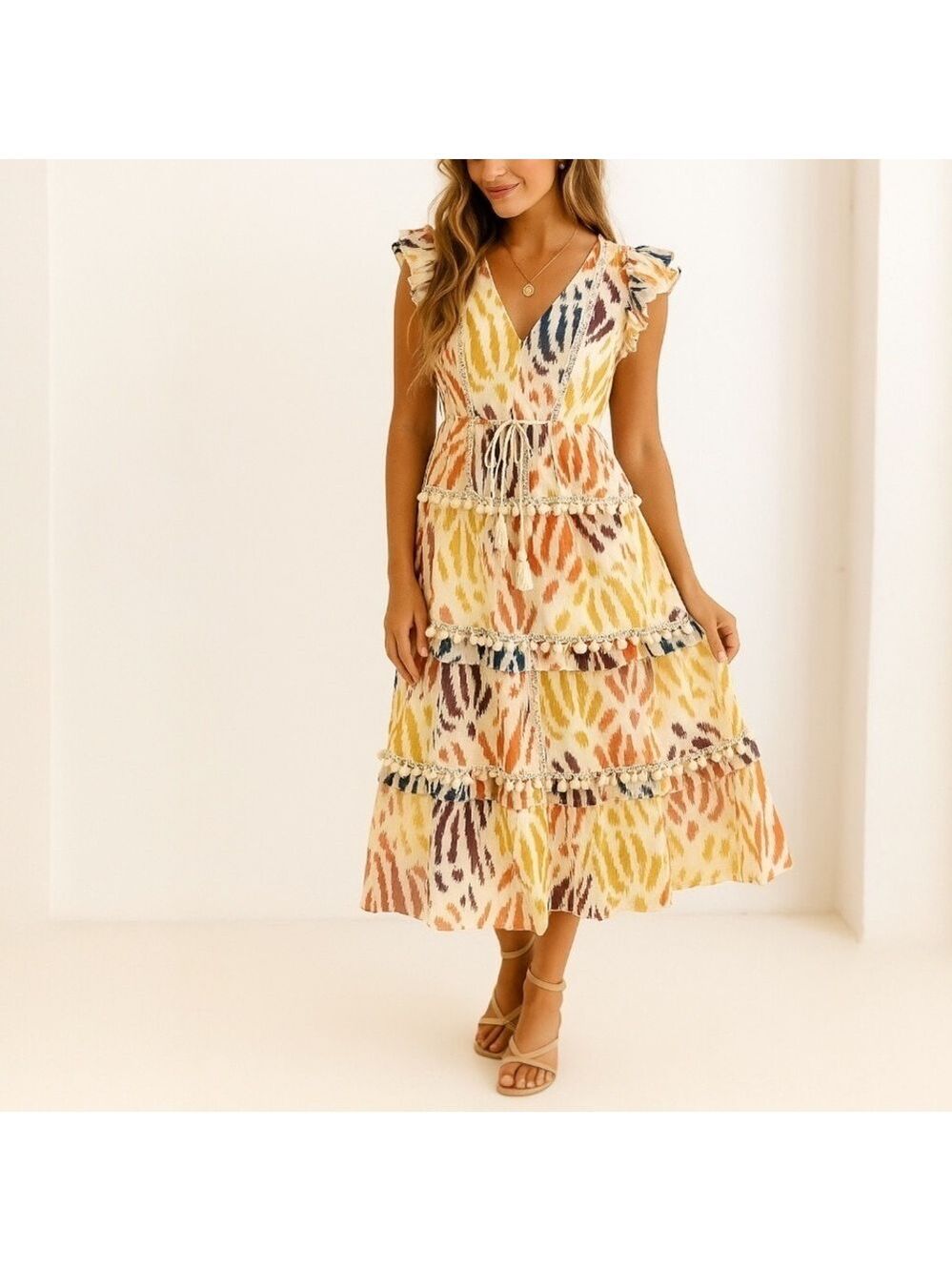 Point Sur J.Crew Cream Multi Color Pom Pom Tiered Midi Dress - Size 14
